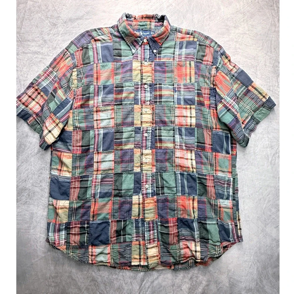 vtg 90s Polo Ralph Lauren Mens‎ sz XL Patchwork madras Plaid Button Down Shirt